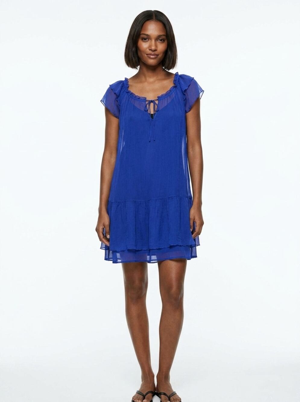 NWT Zara Blue A-Line Mini Ruffle Chiffon Dress Women Size S